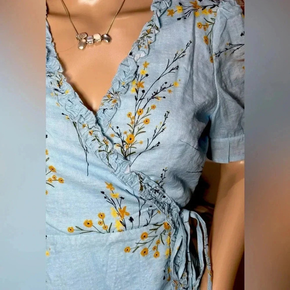PEACH LOVE CALIFORNIA Women's Blue Floral Wrap Dress Size XS/S Short Sleeve - Picture 5 of 11